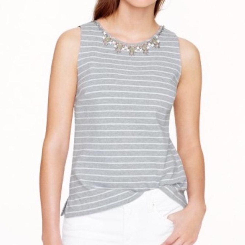 J Crew gray stripped jeweled collar top blouse
